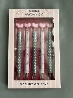 NEW OCS Designs Pink Bow 🎀 Pink & Gray Gel Pen Set - 5 Deluxe Pens